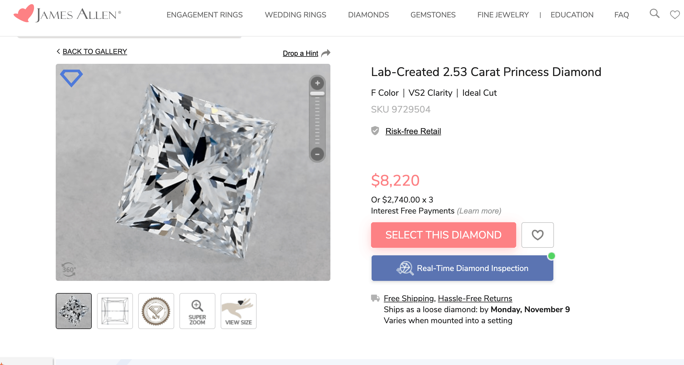 Lab-Created 2.53 Carat Princess Diamond
