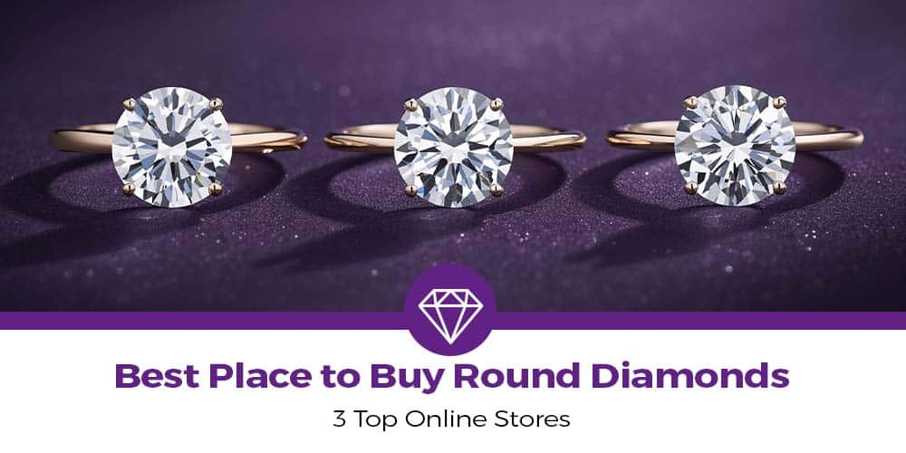 Three sparkling round cut diamond engagement rings on a dark purple background — showcasing brilliance and symmetry for the article “Best Place to Buy Round Diamonds: 3 Top Online Stores.”