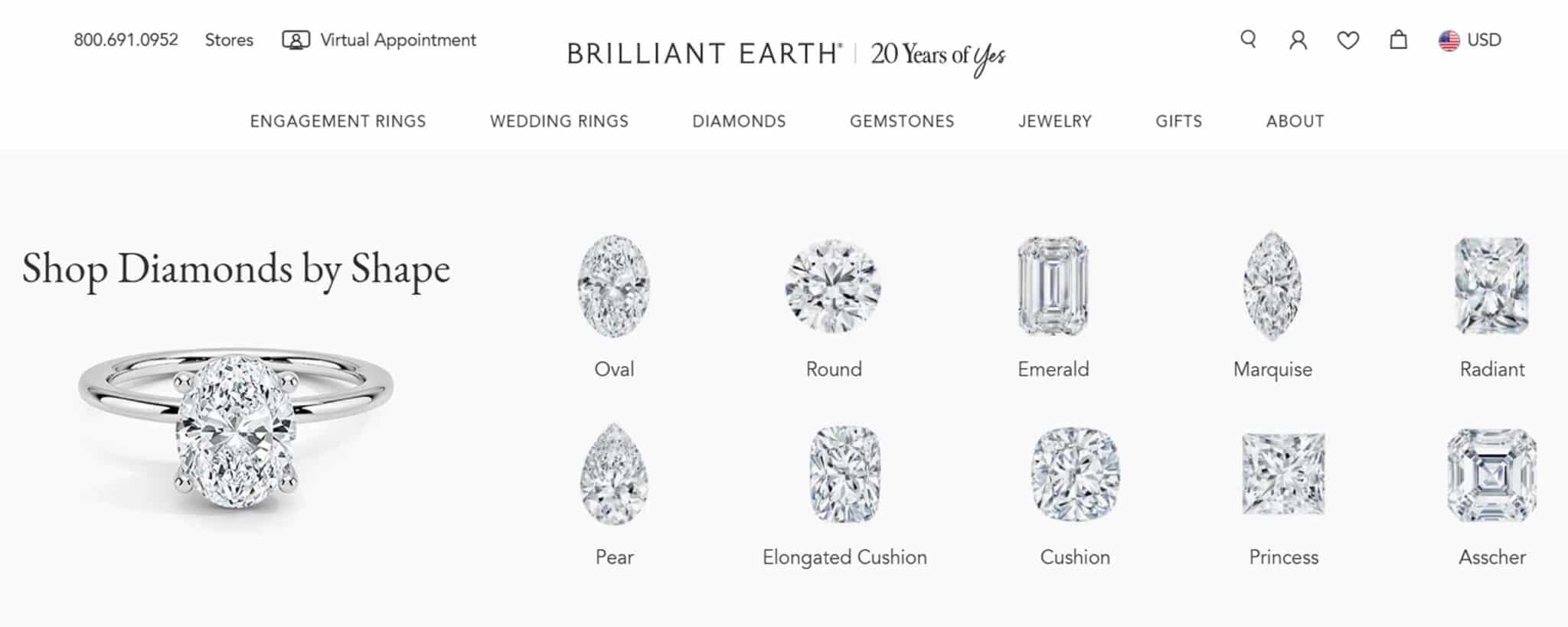 Brilliant Earth diamond shapes featured in Best Places to Buy Jewelry Online.