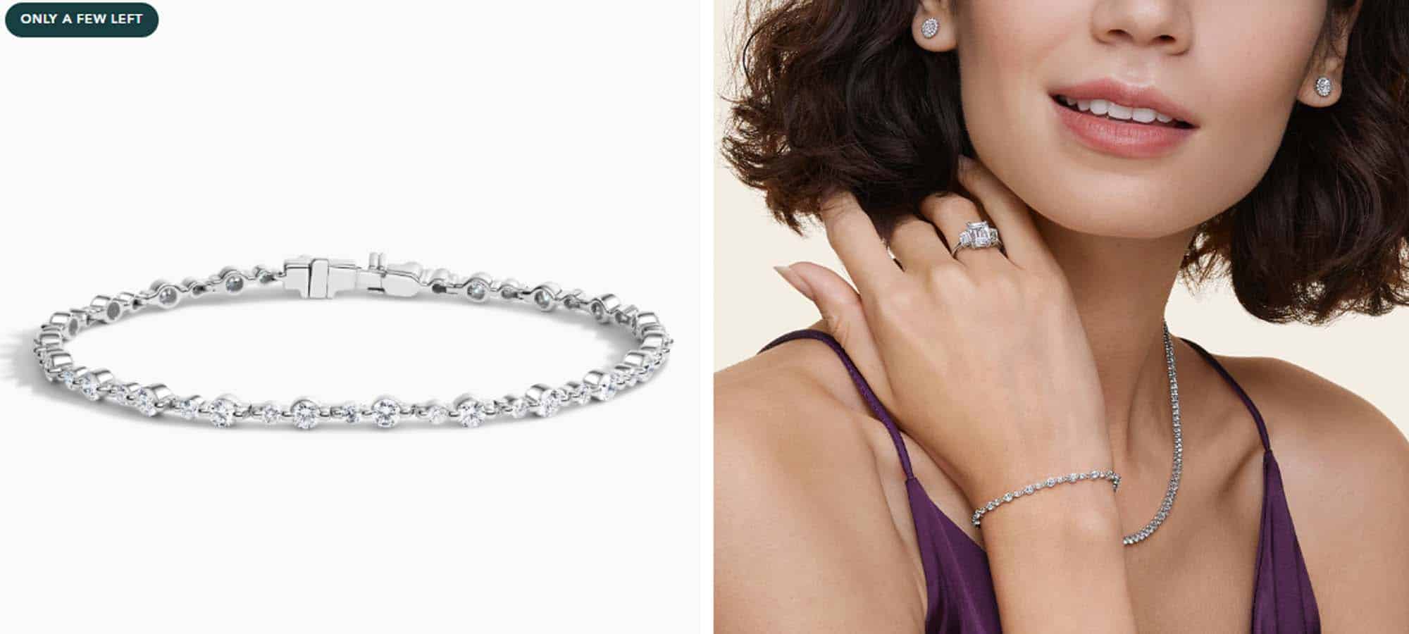 A stunning diamond tennis bracelet in white gold displayed beside a woman wearing matching jewelry, showcasing sparkle, elegance, and timeless beauty.