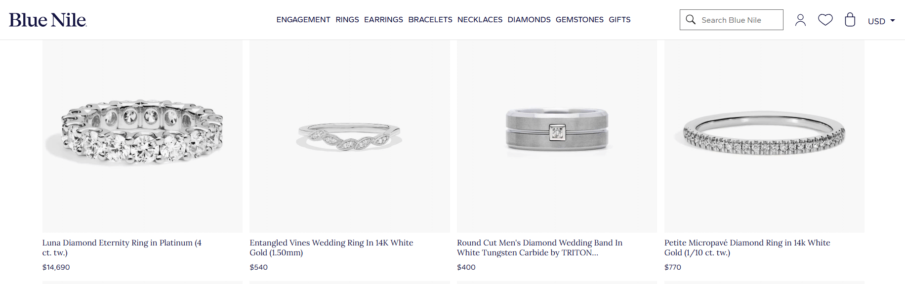 Blue Nile diamond rings collection — platinum, white gold, and tungsten wedding bands, featured in Best Places to Buy Jewelry Online.