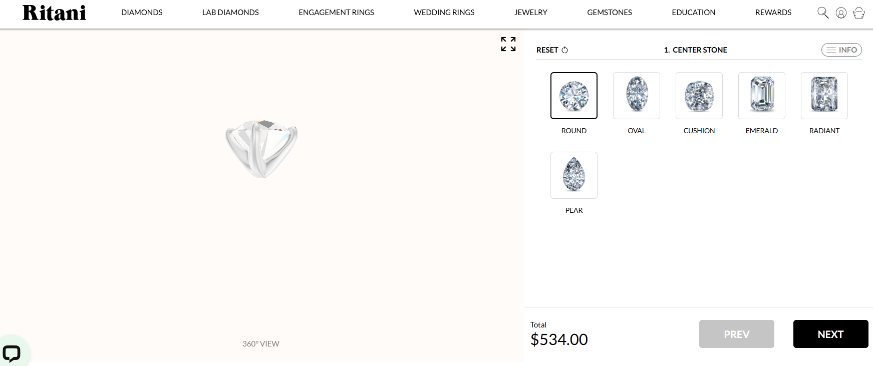 Ritani diamond ring customization tool — select round, oval, cushion, emerald, or radiant center stone, part of Best Places to Buy Jewelry Online.