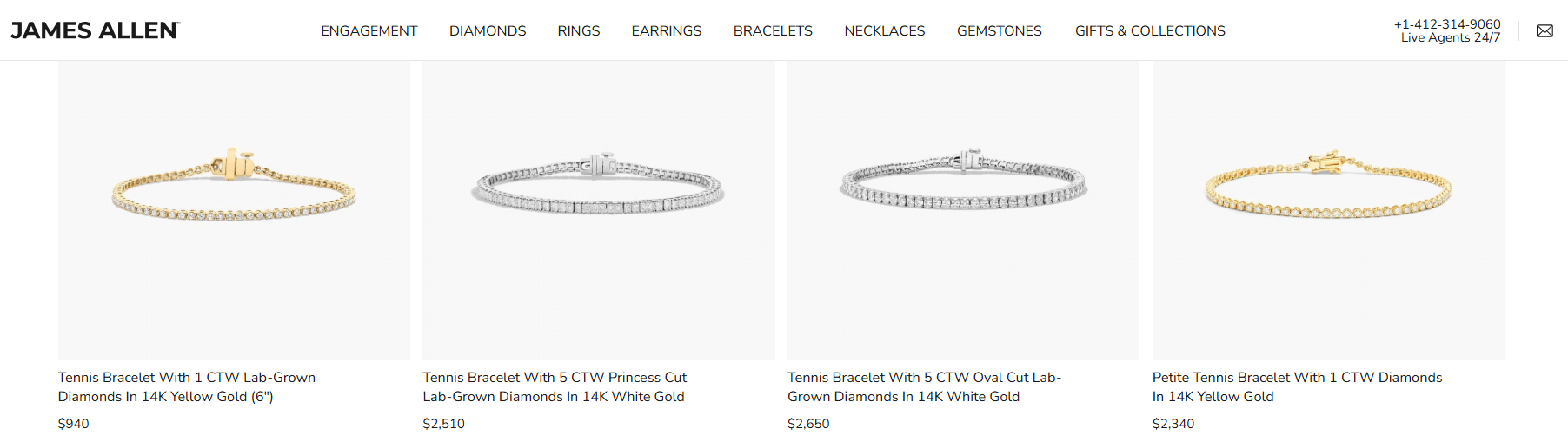 Four James Allen diamond tennis bracelets in yellow and white gold, featuring lab-grown and natural diamonds with round, oval, and princess cuts, elegantly displayed on a white background.