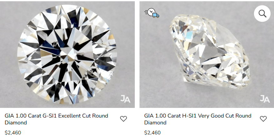 A close-up view of two GIA-certified round cut diamonds from James Allen — one excellent cut and one very good cut — showcasing brilliance and clarity at similar price points, perfect examples from the best place to buy round diamonds online.