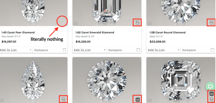 Screenshot from Ritani’s website showing different diamond listings — some with 360° view icons, HD photo labels, and others with no viewing options available, illustrating the inconsistency in diamond viewing features.