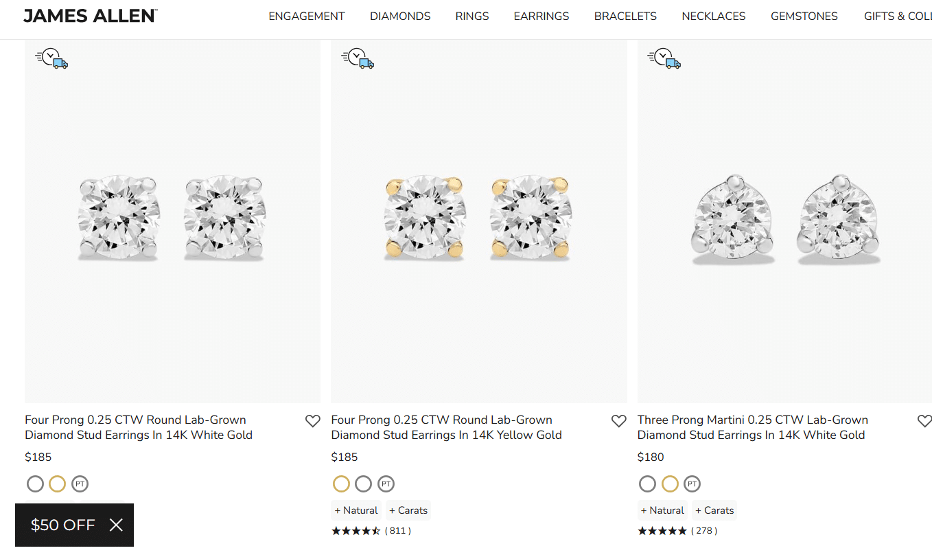Elegant close-up of affordable James Allen lab-grown diamond stud earrings in yellow and white gold — sparkling round-cut design under 0, perfect for shoppers seeking the best place to buy diamond earrings online