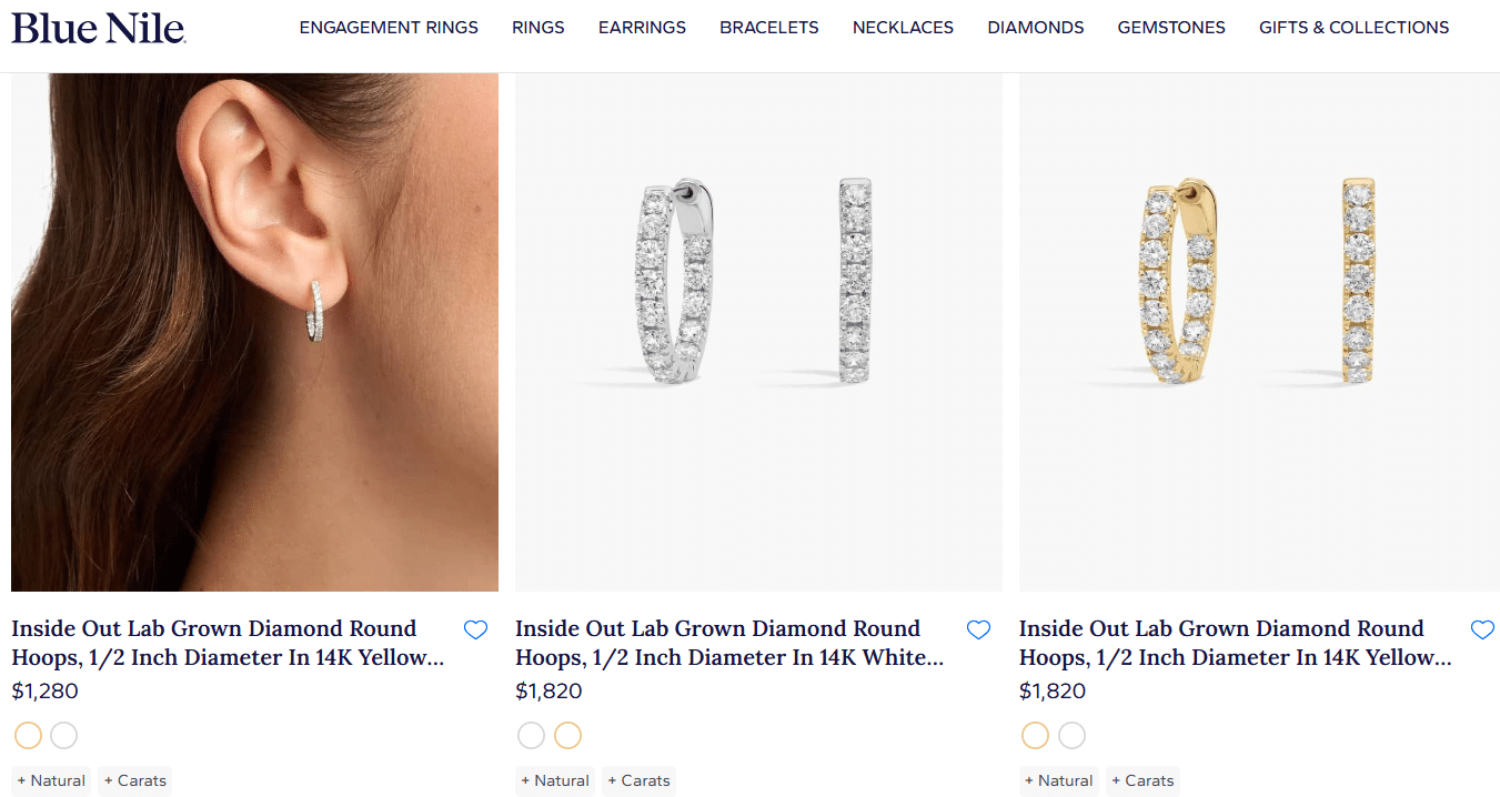 Blue Nile inside-out lab-grown diamond hoop earrings in 14K yellow and white gold — elegant half-inch round hoops featuring brilliant diamonds, a stylish and modern choice for under ,000.