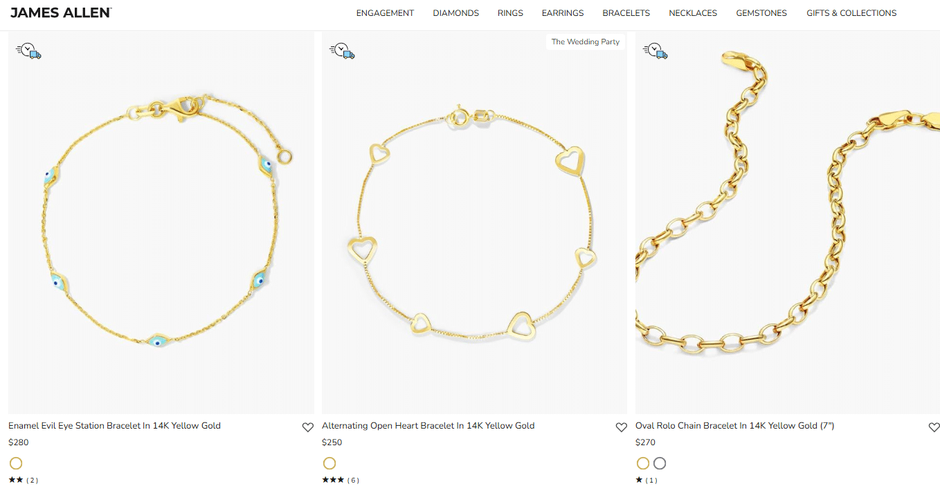 Three elegant 14K yellow gold bracelets from James Allen displayed on a white background, including an Evil Eye design, an Open Heart bracelet, and an Oval Rolo chain bracelet — all priced under 0.