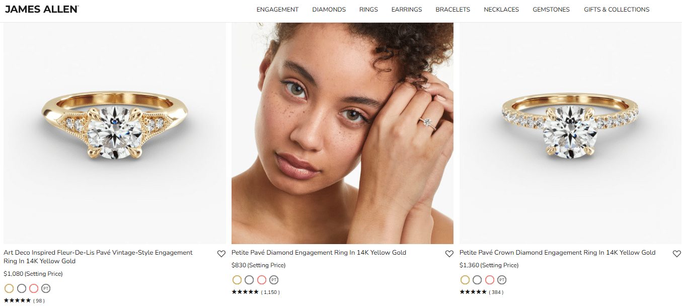 Three 14K yellow gold diamond engagement rings from James Allen, including vintage, petite pavé, and crown pavé designs — showcasing elegant craftsmanship and sparkle.