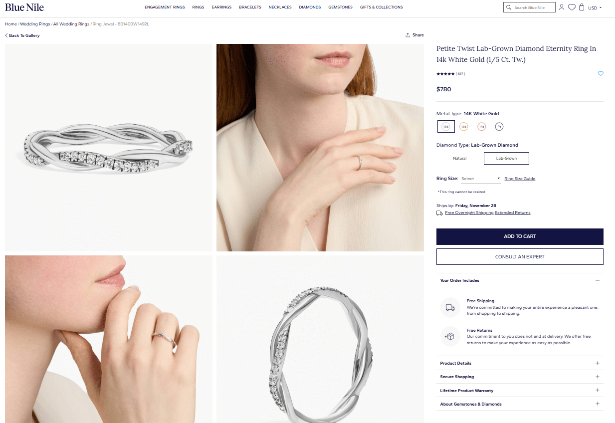 Blue Nile product page showing a Petite Twist Lab-Grown Diamond Eternity Ring in 14K White Gold, priced at 0. The design features an elegant twisted band with lab grown diamonds set in a delicate, modern style—highlighting the beauty of the lab grown vs natural diamond alternative.