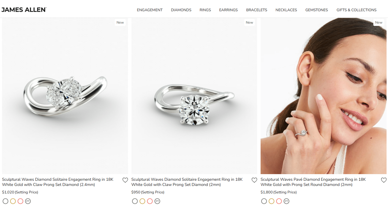James Allen product page displaying three sculptural waves diamond engagement rings in 18K white gold, featuring solitaire and pavé settings with modern, flowing designs. One image shows a model wearing the ring, highlighting its elegant curvature and sparkle.