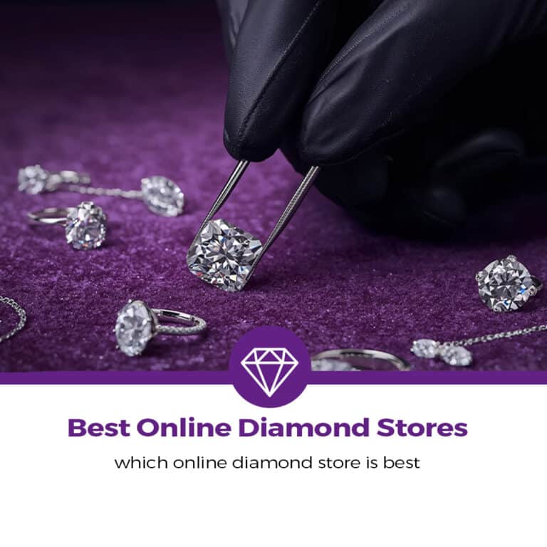 Jeweler examining a loose diamond with precision tweezers on a purple background, surrounded by diamond rings and jewelry, representing a guide to the best online diamond stores and how to choose a trusted diamond retailer.