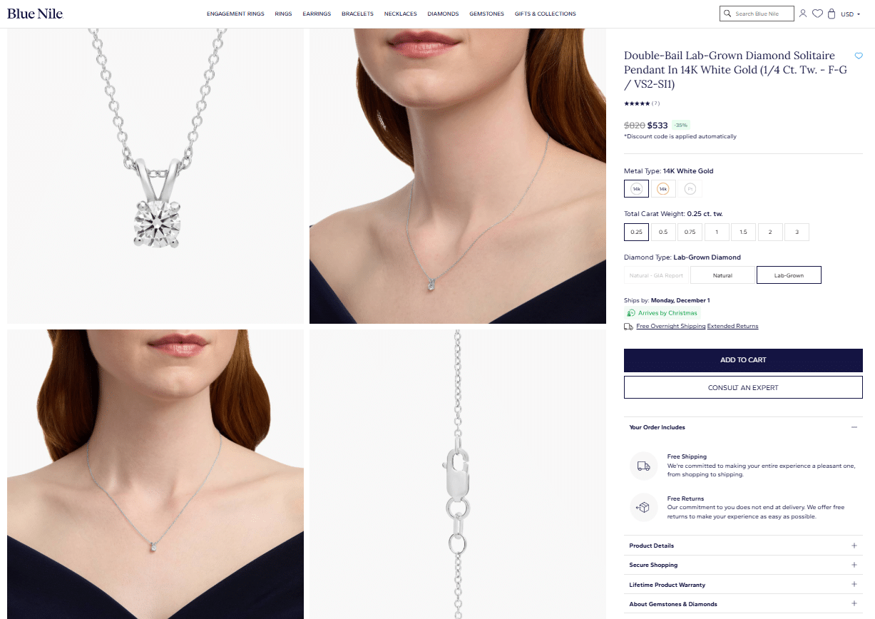 Woman wearing a 14K white gold lab-grown diamond solitaire pendant, showcasing a delicate and elegant neckline look.