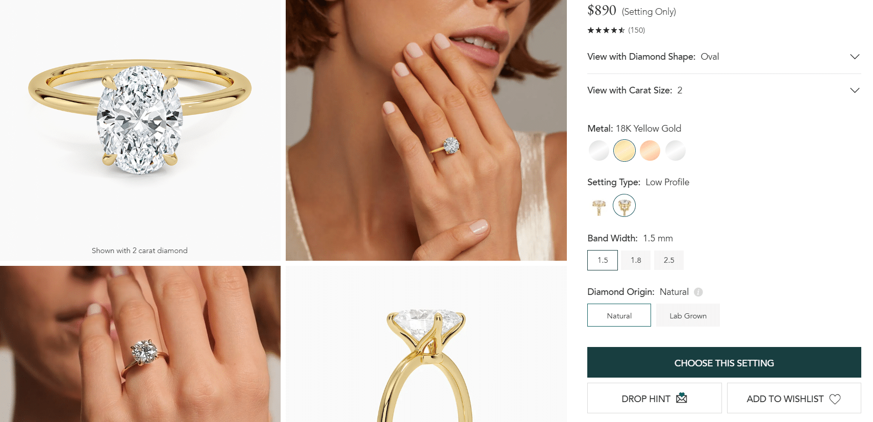 Oval cut diamond solitaire engagement ring in 18K yellow gold with thin band