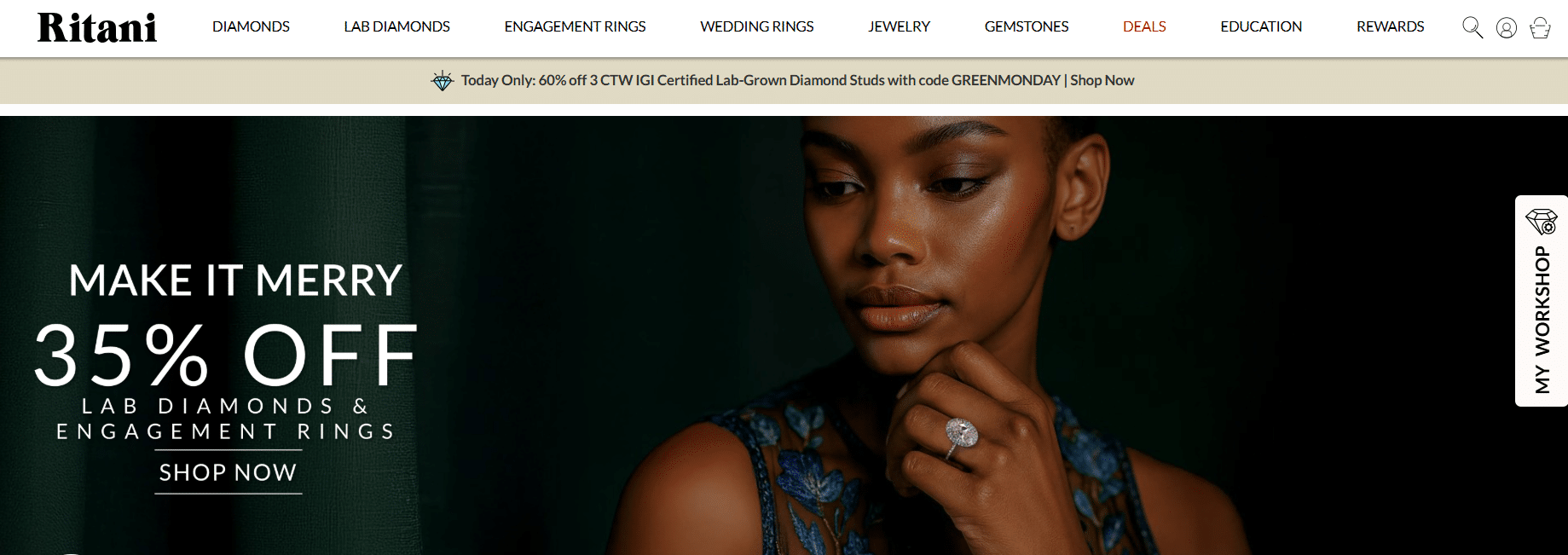 Ritani 35 percent off lab grown diamonds and engagement rings promotion banner