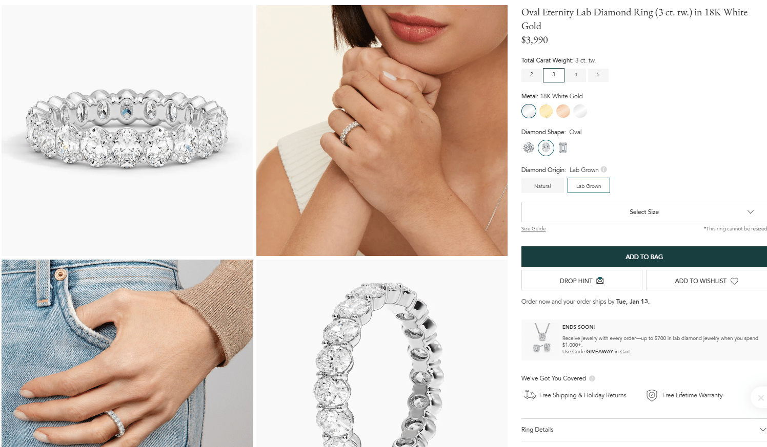 Oval lab grown diamond eternity ring in 18K white gold, 3 carats total weight.