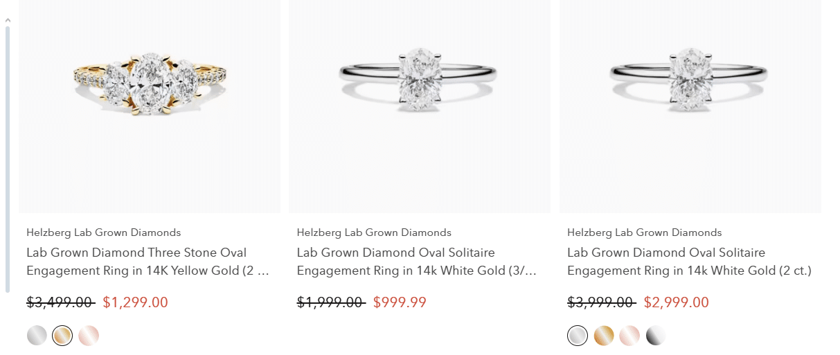 Three lab grown oval diamond engagement rings from Helzberg, featuring a three-stone oval ring in yellow gold and oval solitaire rings in white gold.