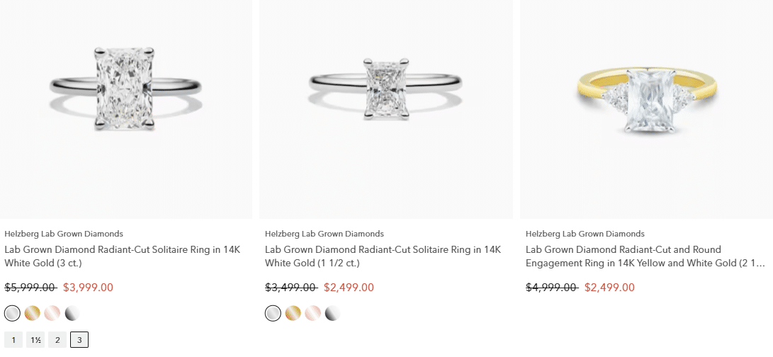 Lab grown radiant-cut solitaire engagement ring in 14K white gold, 3 carat center diamond.