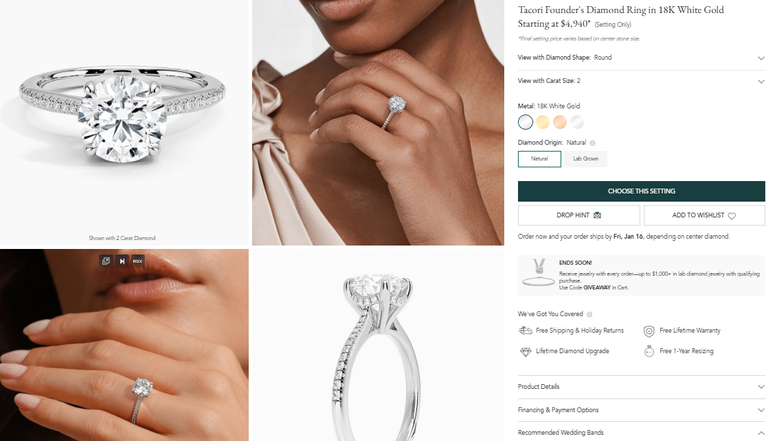 Round cut diamond engagement ring in white gold, shown on hand and in close-up detail from multiple angles.