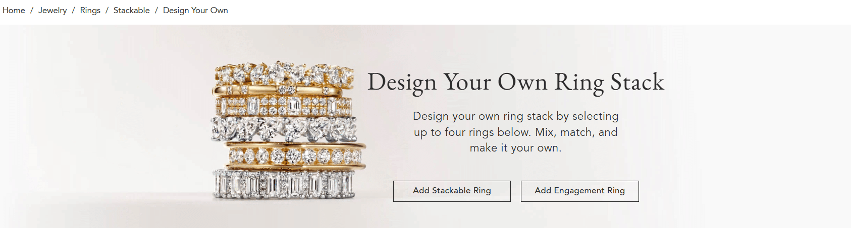 Custom diamond ring stack with gold and white bands