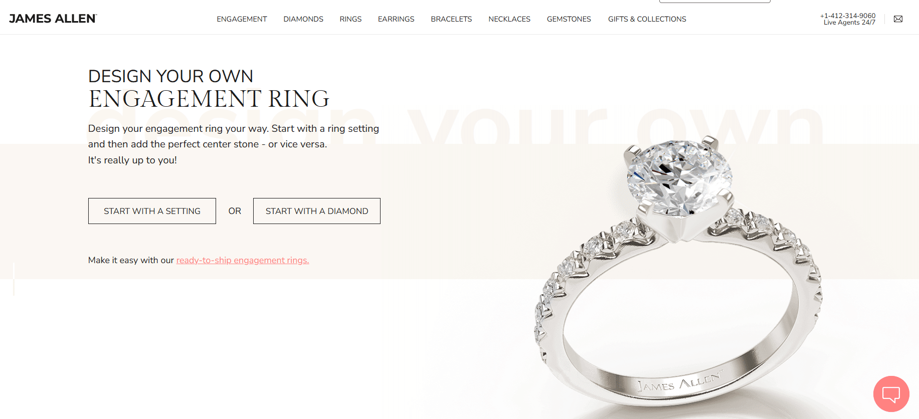 Custom engagement ring setting with round diamond and pavé band