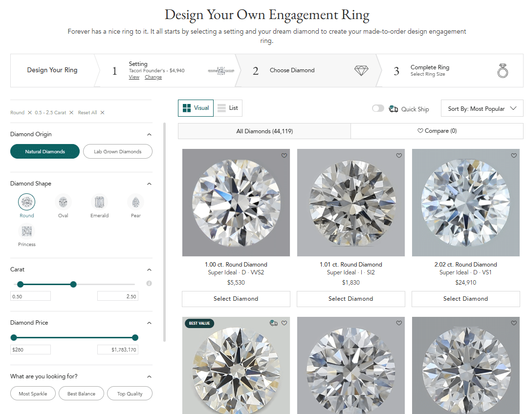 Design your own engagement ring interface showing round diamonds with carat, price, and quality filters