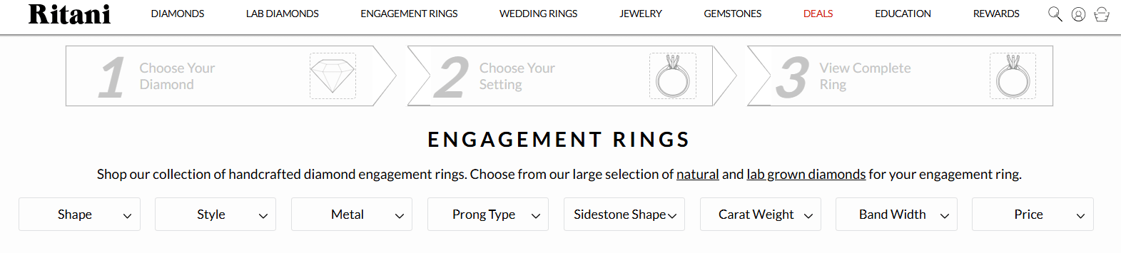 Ritani engagement rings page with filters for shape, style, metal, and diamond type