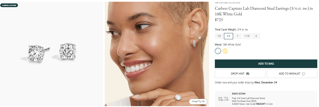 Carbon Capture lab-grown diamond stud earrings in 18K white gold (3/4 ct. tw.), shown on model and in close-up, highlighting classic round brilliance and everyday elegance