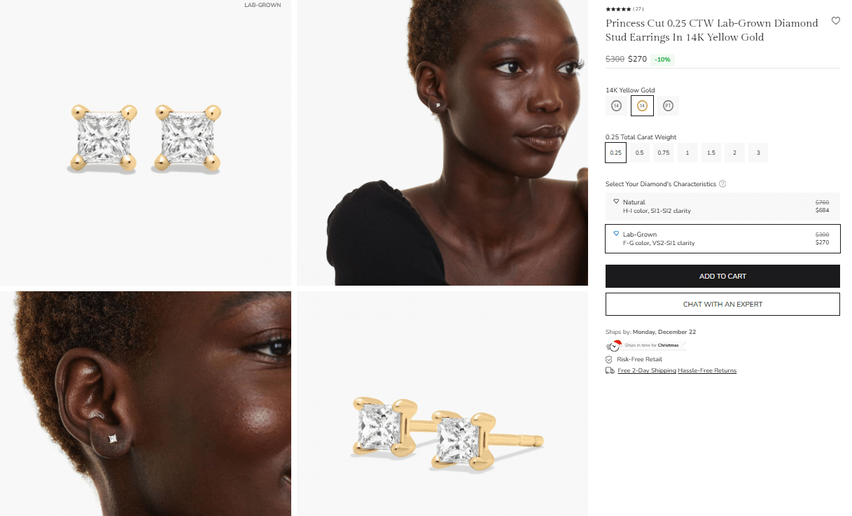 Princess-cut 0.25 CTW lab-grown diamond stud earrings in 14K yellow gold, shown on a model and in close-up views, featuring a classic four-prong setting with bright, square-cut diamonds designed for minimal, everyday wear.