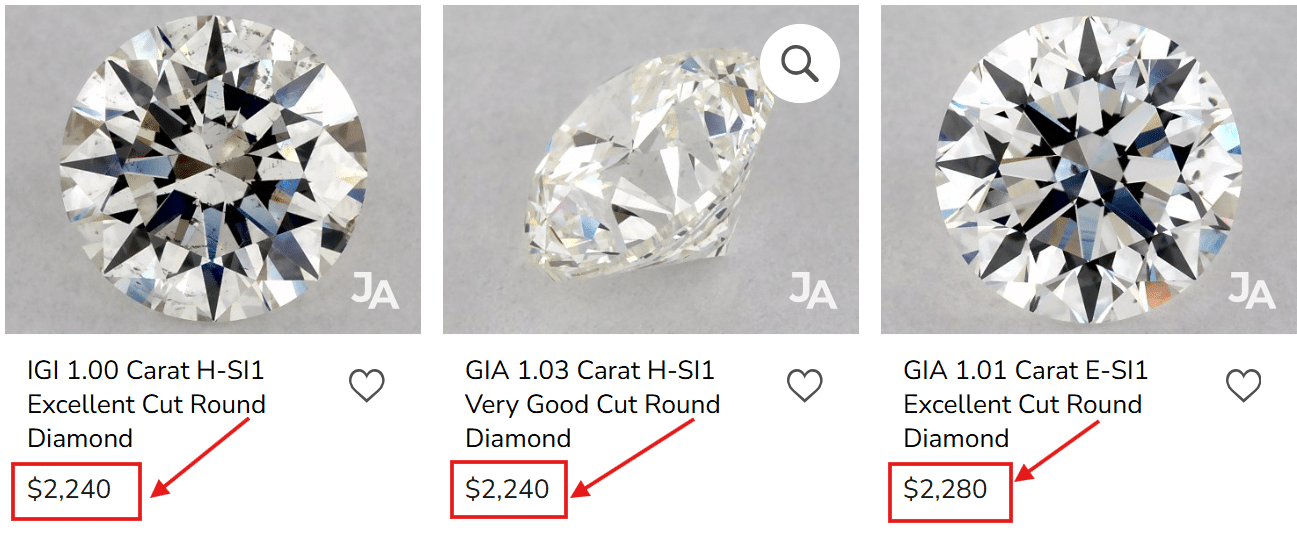 round cut diamond with excellent cut, H and E color options, SI1 clarity, IGI and GIA certified