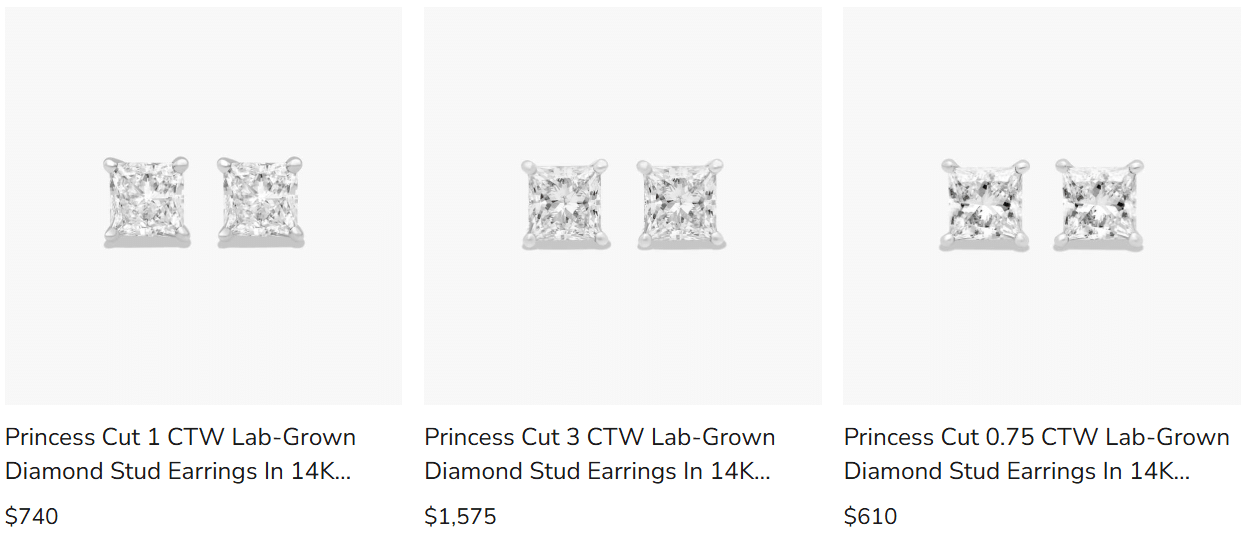 Princess cut lab-grown diamond stud earrings in 14k white gold