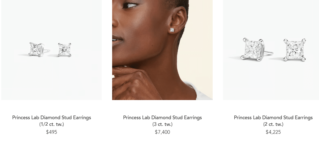 Princess cut lab diamond stud earrings in white gold