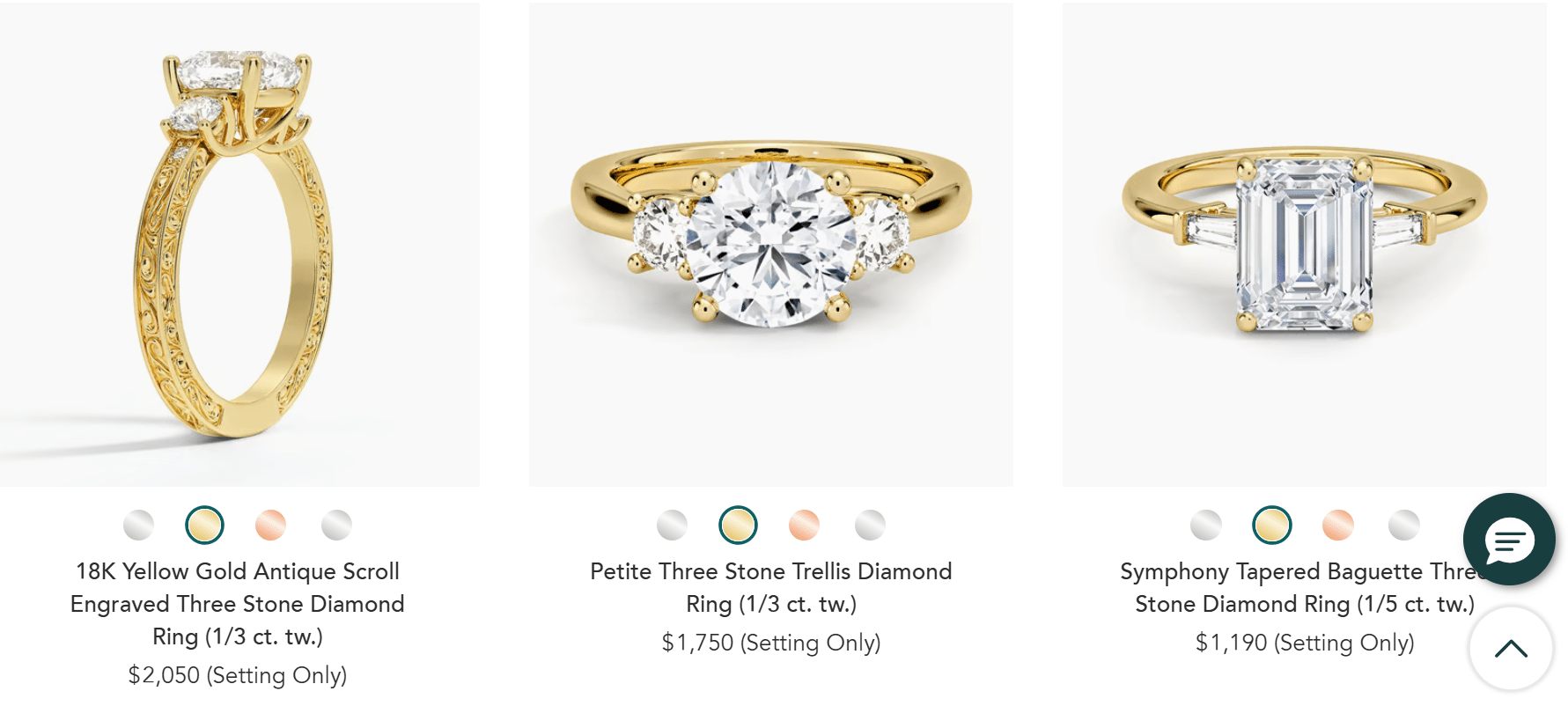 Three yellow gold diamond engagement rings with three-stone and baguette designs