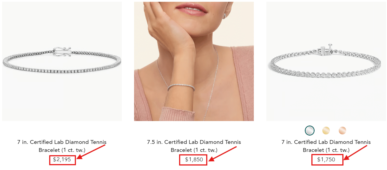 certified lab grown diamond tennis bracelets for women, elegant white gold designs in different sizes with updated prices