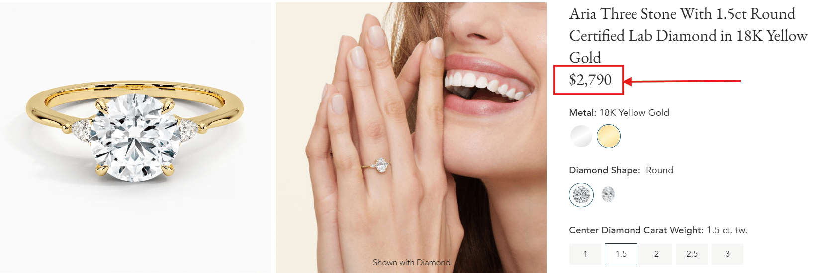 Three stone certified lab grown diamond engagement ring for women, 1.5 carat round lab diamond in 18K yellow gold setting