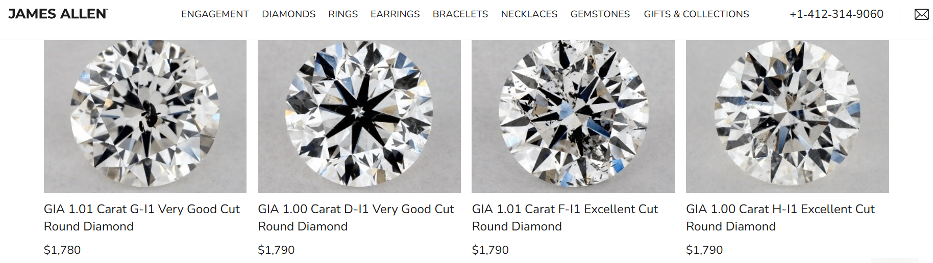 Comparison of round cut diamonds showing different colors, clarity grades, and cut quality with real diamond images