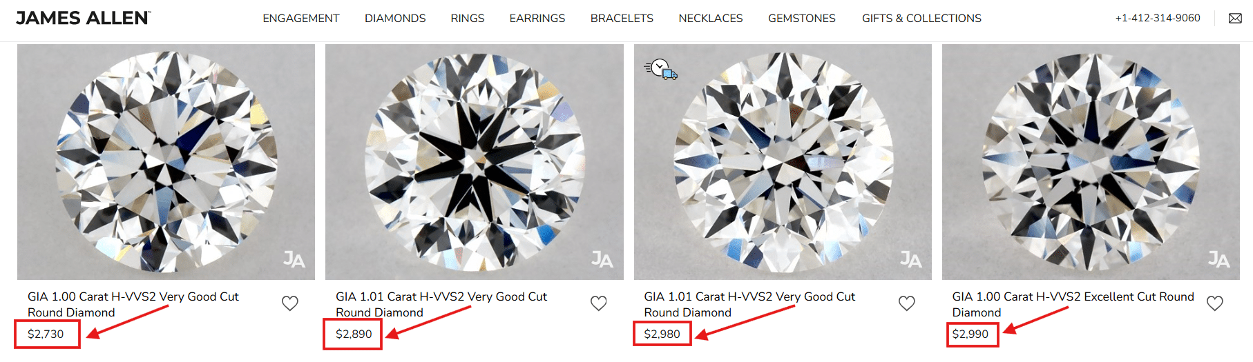 Round cut diamonds comparison showing different cut quality and price differences.