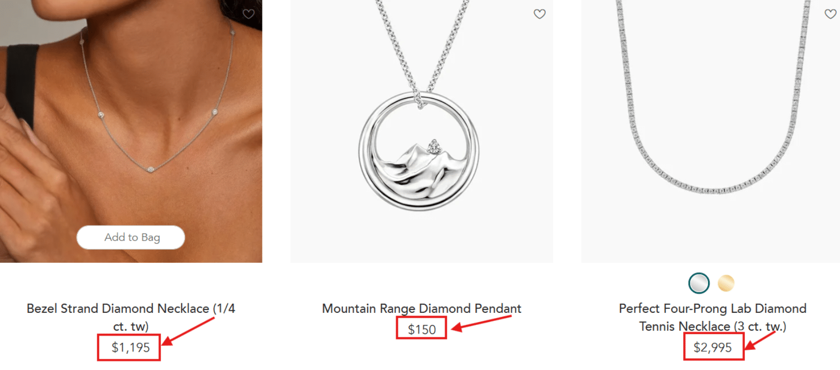 Three diamond necklaces displayed side by side: a bezel strand diamond necklace, a mountain range diamond pendant, and a lab diamond tennis necklace.