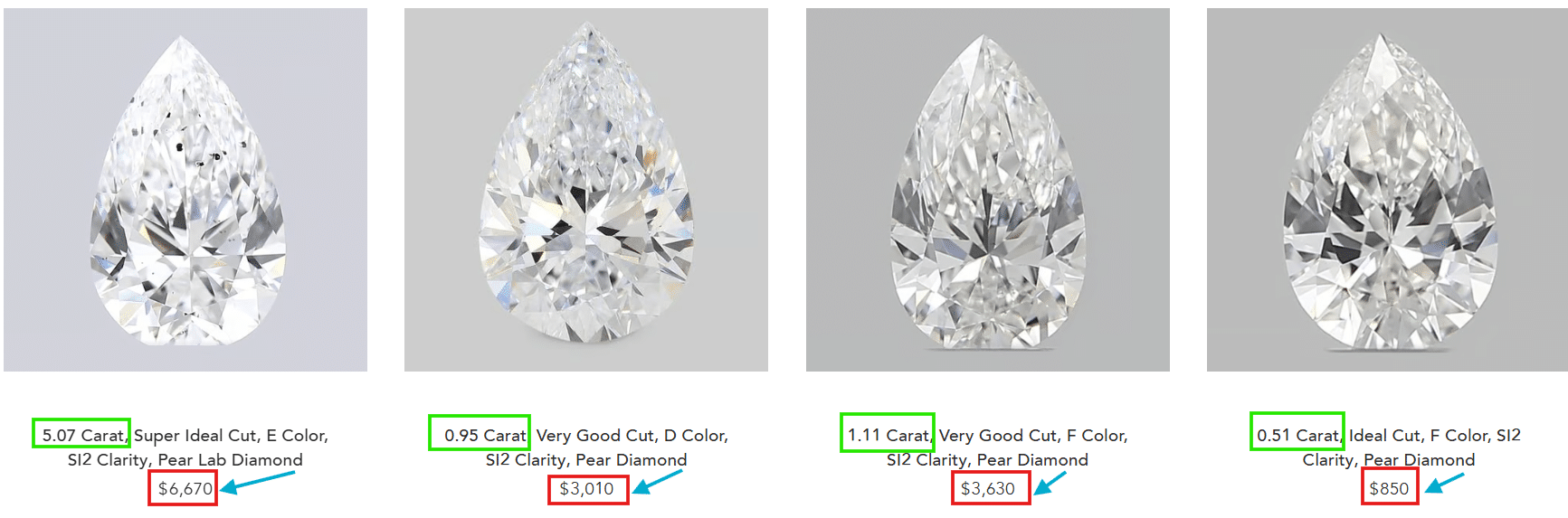 pear cut diamonds in multiple carat sizes featuring D, E, and F color options with SI2 clarity shown in comparison view