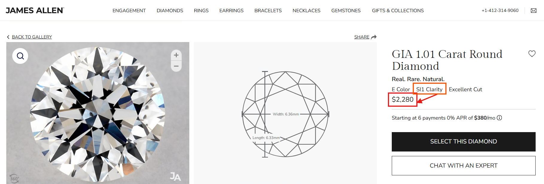 GIA certified 1.01 carat round cut diamond with E color, SI1 clarity, and excellent cut shown in high-detail view
