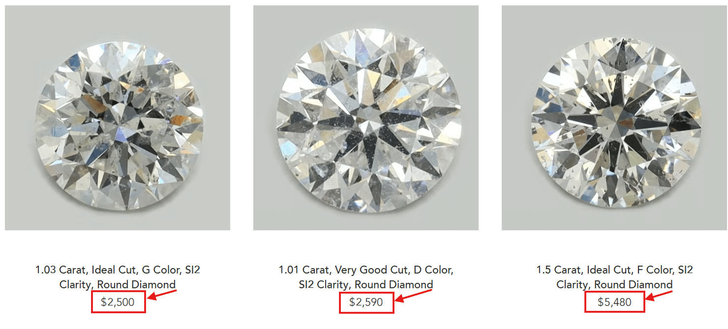 round diamond collection featuring 1.01, 1.03, and 1.50 carat diamonds with ideal and very good cuts in D, F, and G color