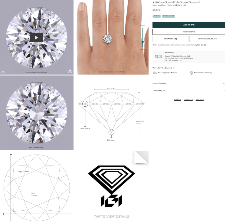 lab grown round diamond shown on hand with cut diagram and IGI certification for size and sparkle comparison
