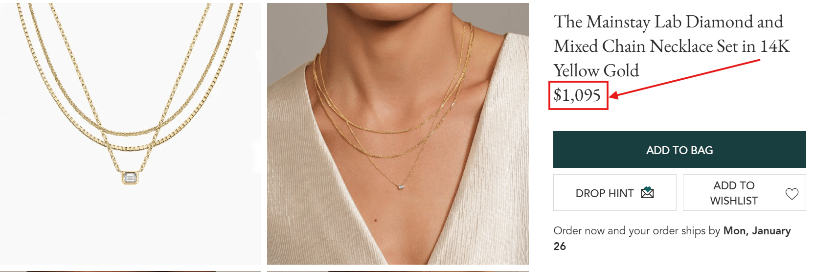 Layered 14k yellow gold mixed chain necklace set with lab diamond pendant worn on model