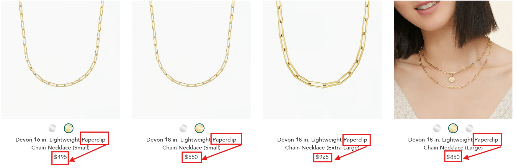 Devon lightweight paperclip chain necklace crafted in solid 14K yellow gold, available in multiple lengths and link sizes including small, large, and extra large, featuring a modern elongated link design. Shown both on white background and styled on model for scale, ideal for everyday wear, layering necklaces, minimalist gold jewelry looks, and contemporary fine jewelry styling.