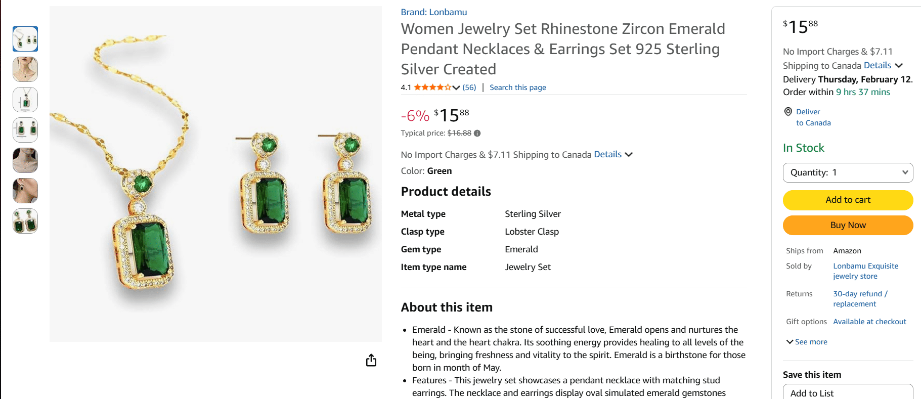 Emerald green pendant necklace and matching drop earrings set for women, gold-tone rhinestone zircon jewelry set.
