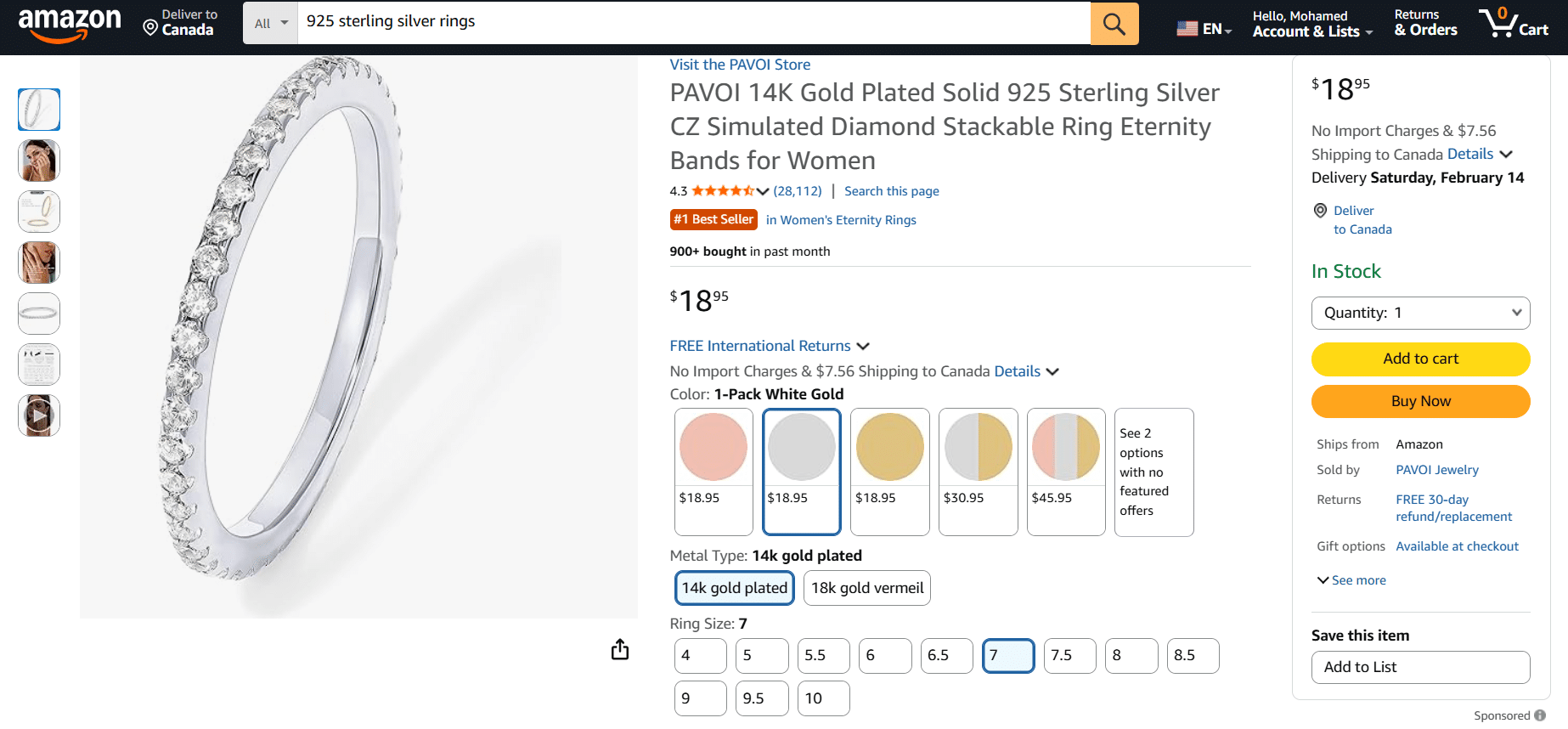 PAVOI 14K gold plated 925 sterling silver eternity band ring with sparkling cubic zirconia stones, stackable minimalist ring for women.